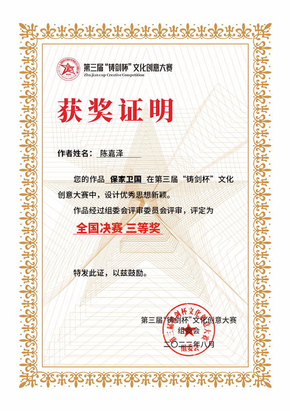 陈嘉泽国赛三等奖